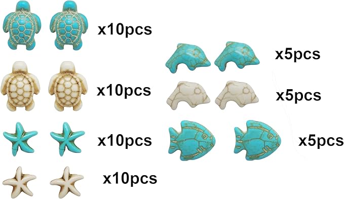 Julie Wang 55PCS Man-made Turquoise Beads Blue White Starfish Turtle Dolphin Fish Ocean Charms for Jewelry Making Summer Beach Beads Sea Pendants Necklace Earring Bracelet Craft DIY Supplies