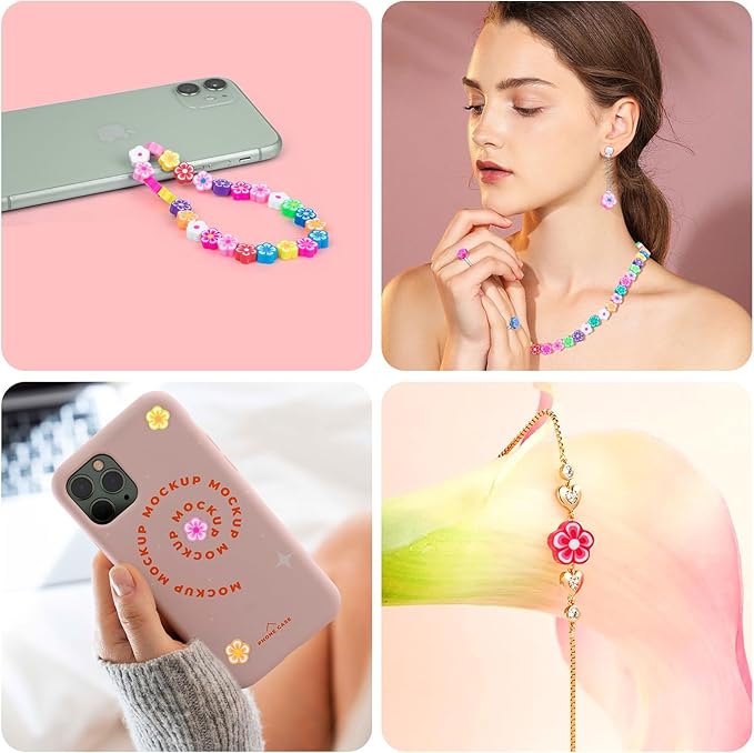 NUOBISHI 500 Pcs Flower Polymer Clay Beads Charms for Crafts with Elastic String for Making Bracelet Necklace Craft Decoration DIY Crafts