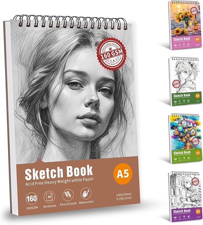 Thickened Mixed Media Sketchbook - Three Different Sizes, Drawing Paper Pad-108lb/160gsm, (Character Sketch, A5 (Travel Size) 5.7X8.2 inch)