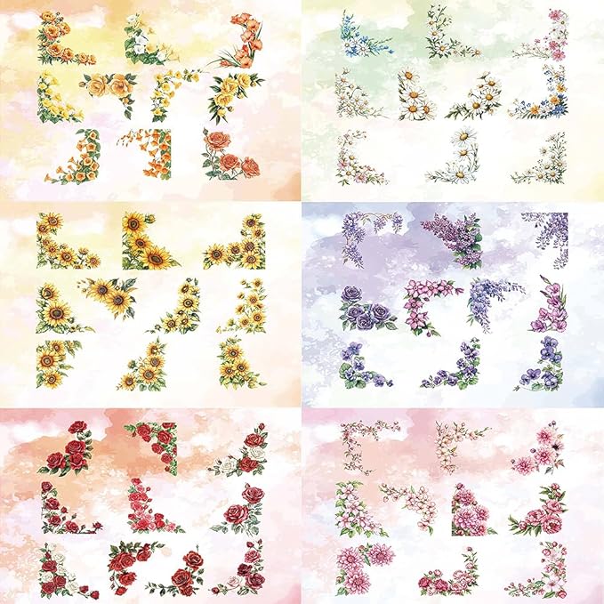 120pcs Flower Corner Series Sticker Pack, PET Flower Stickers for Scrapbooking Journaling Colorful Flowers Scrapbook Stickers Aesthetic Decor Scrapbook Kit Floral Sticker Set Junk Journal Supplies