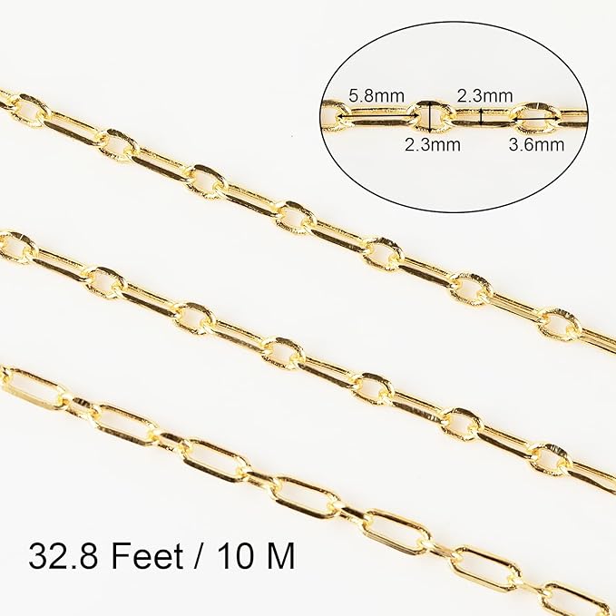 Jabogrii 32.8 Feet Gold Plated Brass Paperclip Jewelry Chains Roll Oval Link Necklace Bracelet DIY Craft Chain Bulk for Jewelry Making