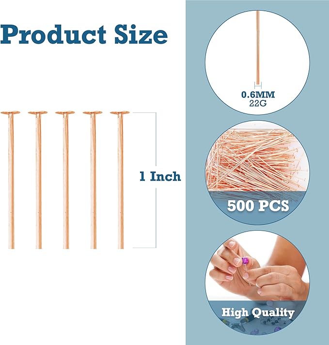 Mandala Crafts 1 Inch Rose Gold Flat Head Pins for Jewelry Making Earring Making Supplies – 500 PCs Jewelry Findings for Making Earring DIY Bracelets Rosary Charms