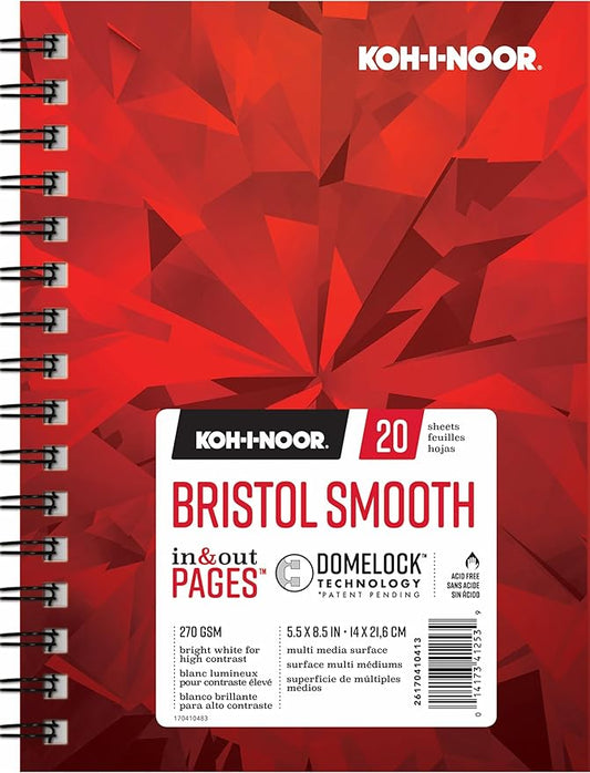 Koh-I-Noor 5.5" x 8.5" Bristol Smooth Bright White Paper Pad with In and Out Pages, 270 GSM, Side Wire-Bound, 20 Sheets per Pad (26170410413)