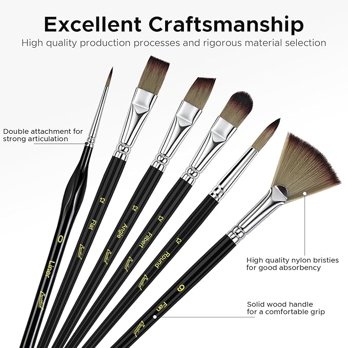 Bougimal 33 Pcs Paint Brush Set, Artist Paint Brushes for Acrylic Painting, Oil, Watercolor, Gouache, with Flat Round Filbert Fan Angle Detail Brush, Suitable for Artists and Beginners (Black)