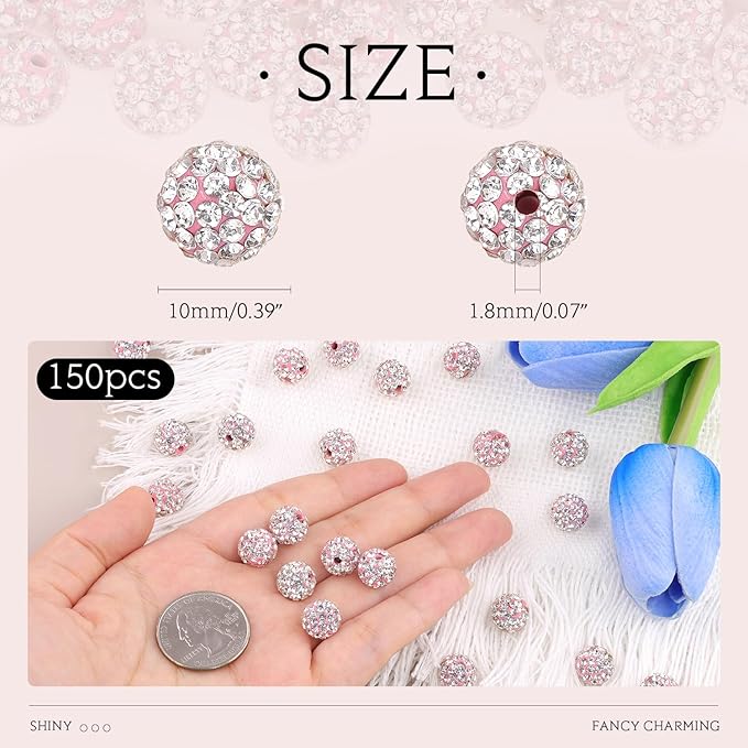 150pcs 10mm Rhinestone Beads for Jewelry Making, Pink White Shiny Round Shamballa Disco Ball Beads Bulk, Sparkle Crystal Clay Christmas for Bracelet Baseball Necklace Earring Crafting and DIY
