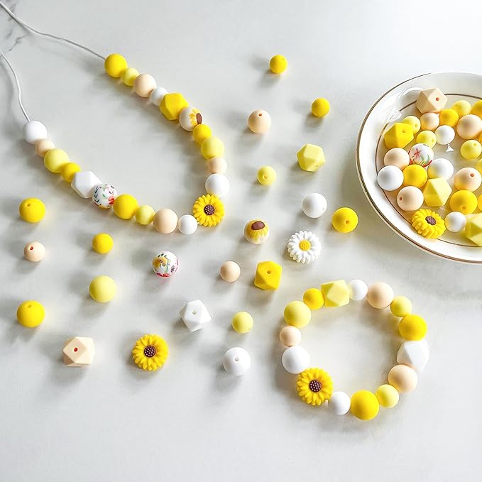104Pcs Daisy Silicone Beads for Keychain Making Silicone Focal Beads Bulk Yellow White Round Hexagon Loose Beads for Pens Necklace Bracelets Jewelry Making