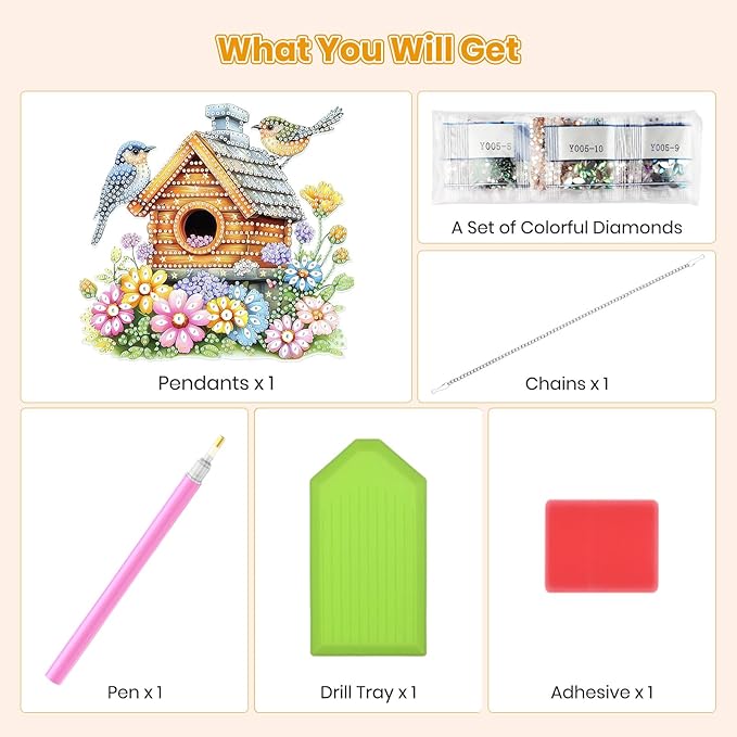 MOGTAA Bird House Diamond Art Hanging Pendant Kits, 5D Special Shape Diamond Art Kits for Adults, Crystal Rhinestones Flowers Diamond Painting Butterfly Gem Art for Home Garden Wall Decor