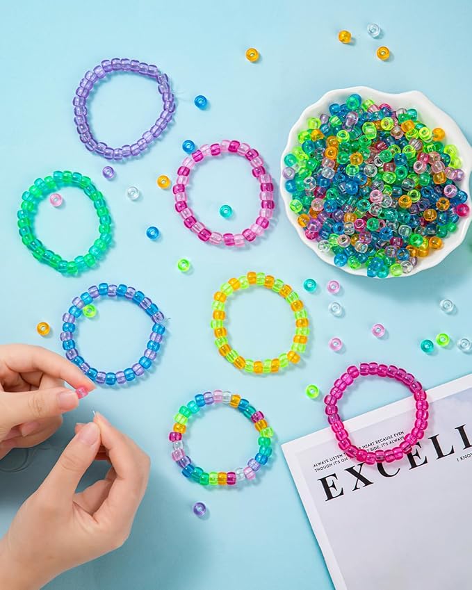 1000Pcs UV Pony Beads, Glow in The Dark, 9 Transparent Colors, Color-Changing Plastic Kandi Beads for Bracelets, Hair Braids, Necklaces, Keychains, Jewelry Making