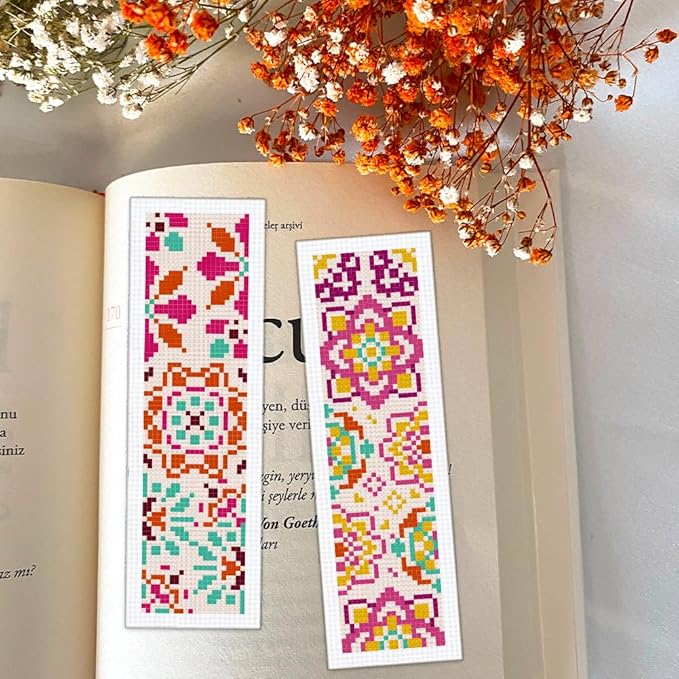 BEUNITONE 6 Pcs Mandala Cross Stitch Bookmark Kits for Beginners DIY Stamped Embroidery Bookmark Kit Colorful Floral Punch Needle Set with Instructions Craft Kit for Book Lover Gifts 8''x2.4''