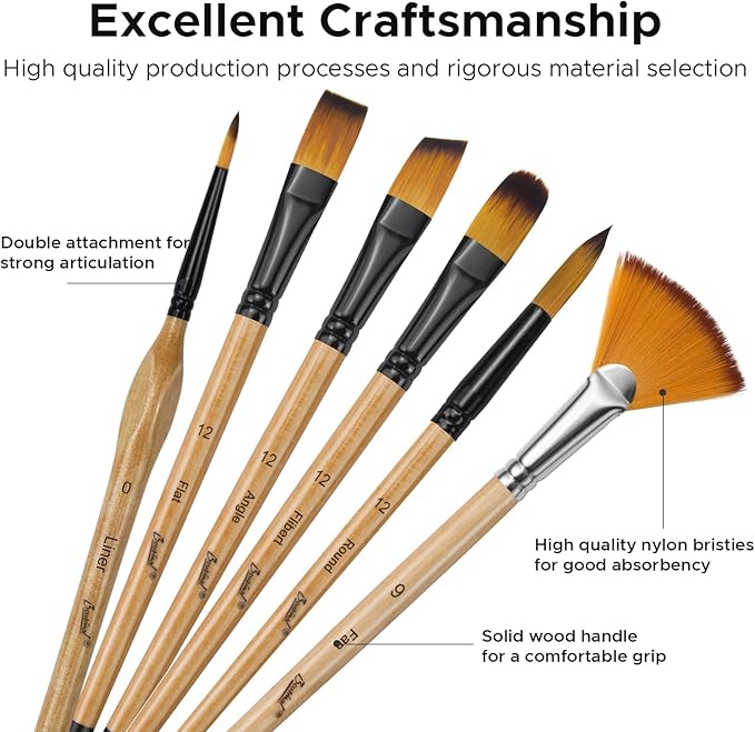 Bougimal 33 Pcs Paint Brush Set, Artist Paint Brushes for Acrylic Painting, Oil, Watercolor, Gouache, with Flat Round Filbert Fan Angle Detail Brush, Suitable for Artists and Beginners
