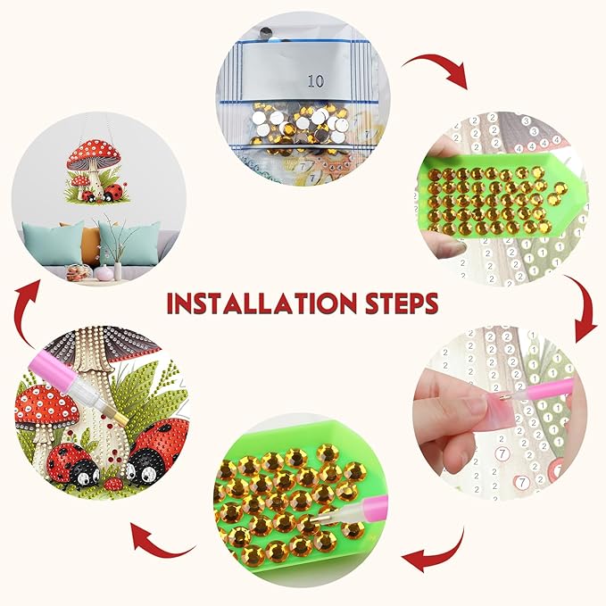 NEWENMO Diamond Art Hanging Kit for Adult, Cartoon Mushroom, DIY Double Sided Acrylic Special Shaped Diamond Art Painting Window Pendant Ladybug Mushroom, Home Garden Wall Hanging Ornament Kits