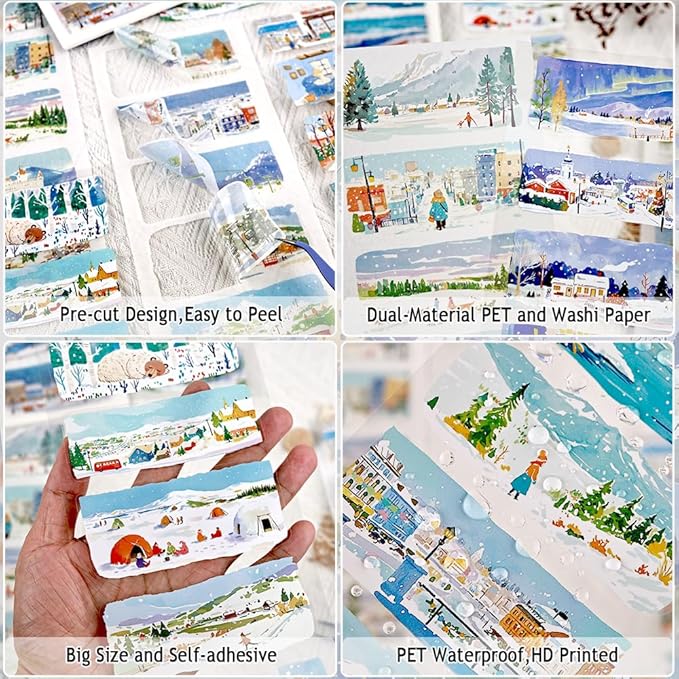 20 Sheets Pre-Cut Winter Scenery Scrapbook Sticker Book for Scrapbooking Supplies, Dual Washi and PET Materials Decorative Stickers for Journaling, Collage, Bujo, Crafts, 4.5 x 9.8 inches