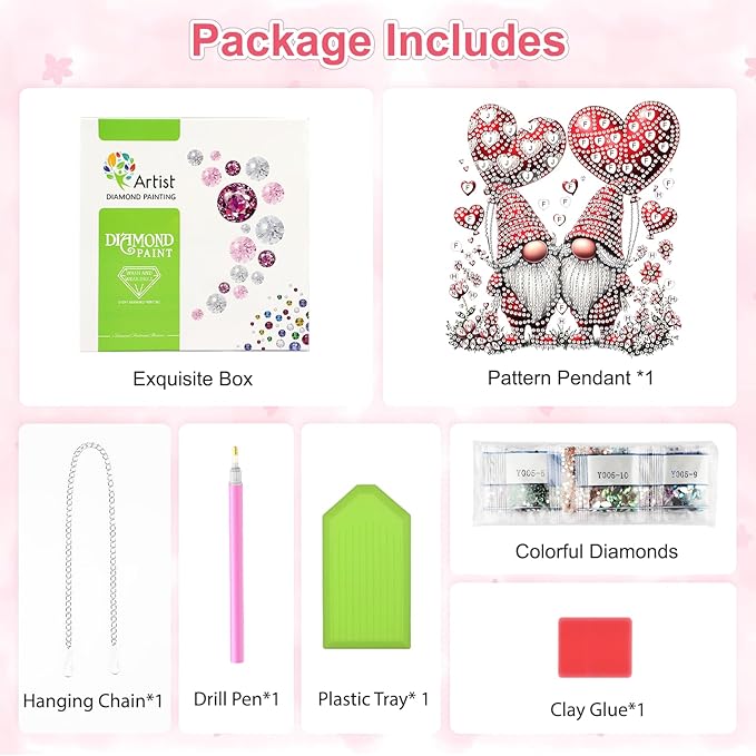 Valentine's Day Diamond Art Hanging Ornaments Kits for Adults, Gnome Diamond Painting Pendant Kits, DIY Acrylic 5D Special Shaped Crystal Gem Art Painting Ornament for Home Wall Decor Gift 8x8 Inch