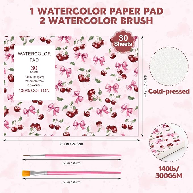 30 Sheets Watercolor Paper Pad with 2 Pcs Watercolor Brush, 140lb/300GSM Water Color Paper 8.3inx5.8in, Cold Pressed Tearable Water Color Sketchbook for Painting