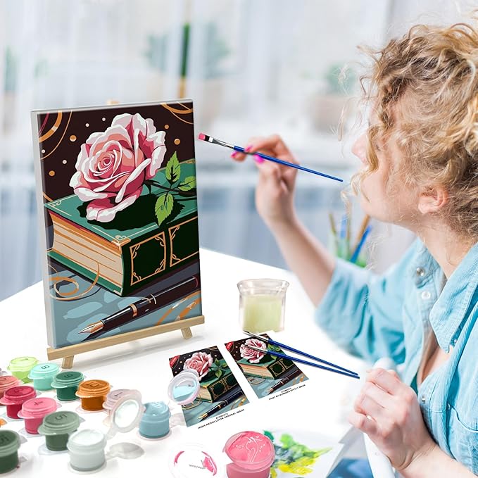 ATDMS Paint by Numbers Kit for Adults with Frame Flower Paint by Number with Easel Book Adult Paint by Number Kits Framed Canvas DIY Acrylic Oil Painting Kits for Home Wall Decor 8x12 Inch