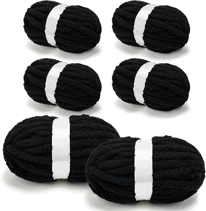 Chunky Chenille Yarn for Crocheting/Arm Knitting, Super Soft Jumbo Knit Blanket Yarn Black 6 Pack (32 yds, 8.5 oz Each Pack)
