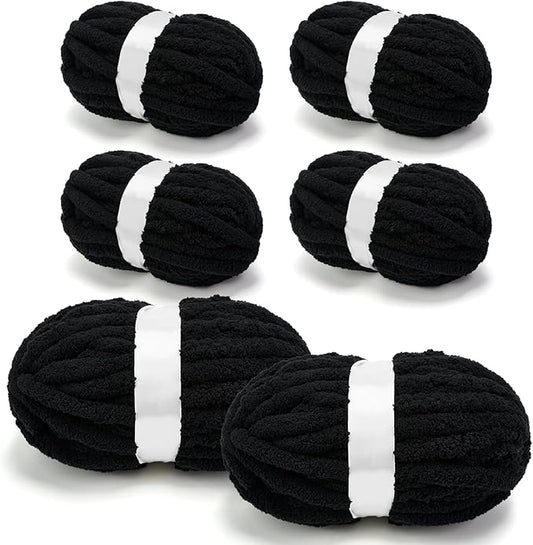Chunky Chenille Yarn for Crocheting/Arm Knitting, Super Soft Jumbo Knit Blanket Yarn Black 6 Pack (32 yds, 8.5 oz Each Pack)