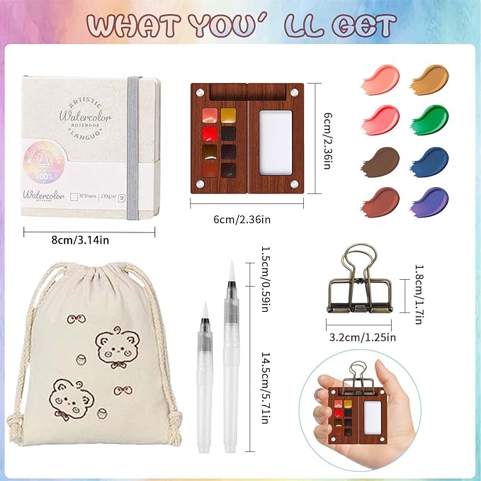 Mini Watercolor Paint Set – Travel Watercolor Set with 8 Color Palette, 300g Sketchbook, Water Brushes, Clip & Storage Bag, Pocket Size Portable Water Color Kit for Artists, Students & Beginners