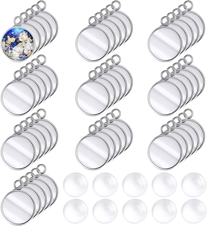 Hicarer 200 Pieces 12 mm Stainless Steel Round Blank Bezel Set, Including 100 Pendant Trays 100 Glass Cabochon Trays Pendant Blanks for Jewelry Making DIY Findings
