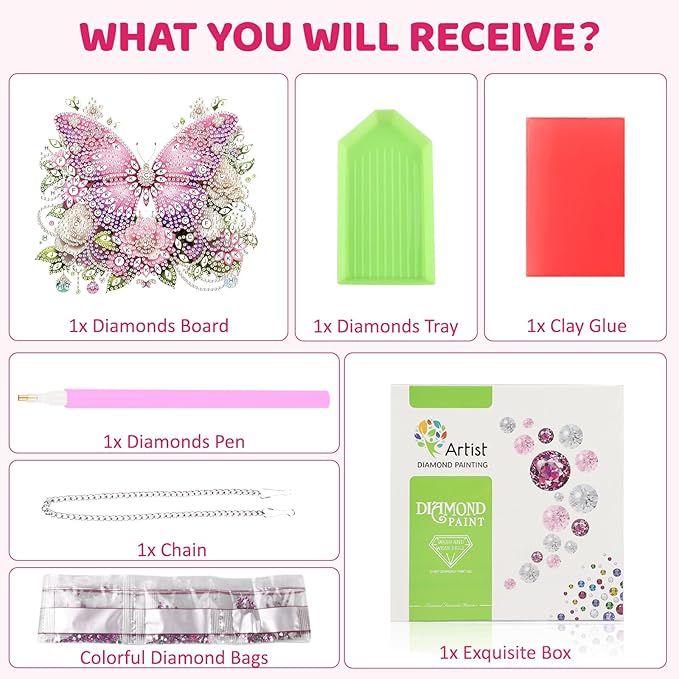 MEIYUDA Butterfly Diamond Art Hanging Kits for Adult, Flowers Butterfly Diamond Painting Hanging Kits Ornaments, DIY Special Shaped Rhinestone Window Pendants kit for Home Garden Wall Decor Gift