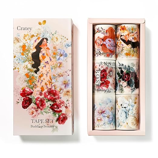 Floral PET Washi Tape Set - 6 Roll Wide PET Tape for Scrapbook Supplies,Character Decorative Girls Sticker,Flower Stickers, Bullet Journals Materials,Planner Arts Craft Collage