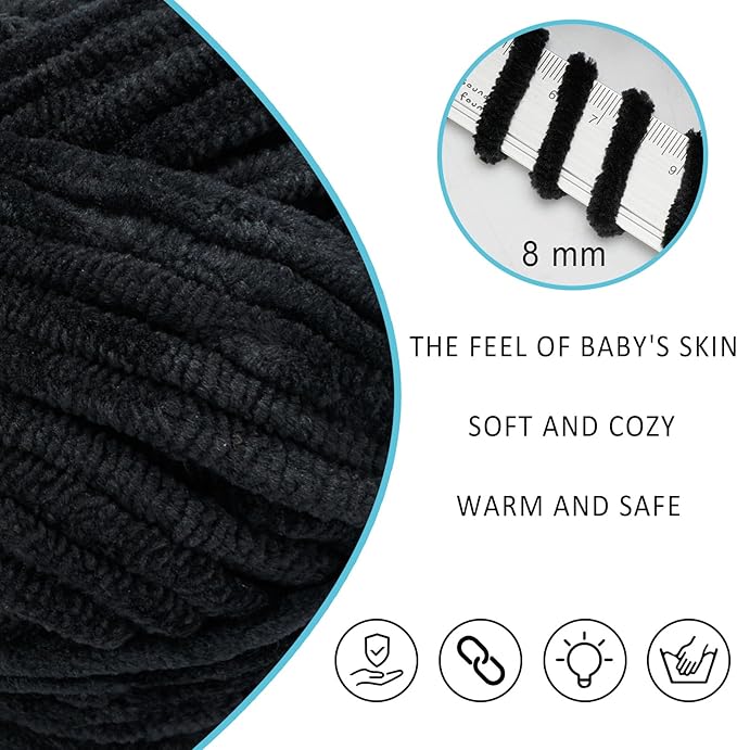 Velvet Yarn Chenille Yarn for Crocheting and Knitting Soft Chenille Bulky Baby Blanket Yarn DIY Weaving Craft 2pack Dark Black(4oz 66yds Each)