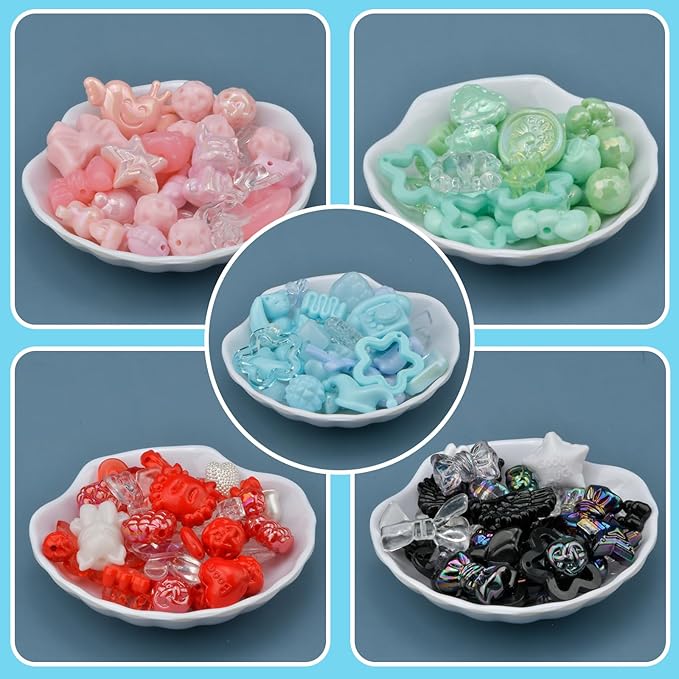 ABONDEVER 245-300Pcs Assorted Acrylic Beads for Bracelets Making kawaii Star Bow Flower Candy Heart Gummy Bear Butterfly Aesthetic Beads for DIY Jewelry Crafts Keychain Necklace Phone Charms(5 Colors)