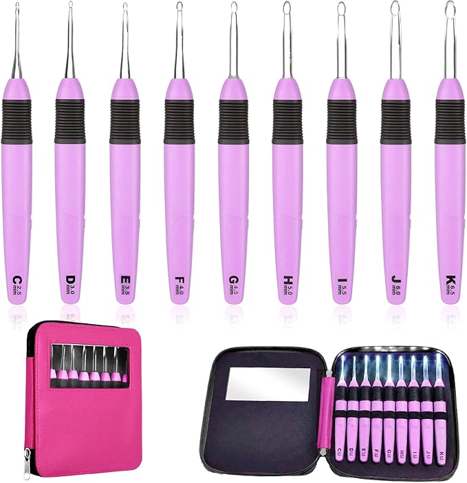 Chuangdi 9 Pieces Lighted Crochet Hooks with Case 9 Size LED Light Crochet Hooks Set Knitting Needles Craft Yarn Weaving Needles Comfortable Smooth Handle for Knitting, 2.5 mm-6.5 mm(Pink)