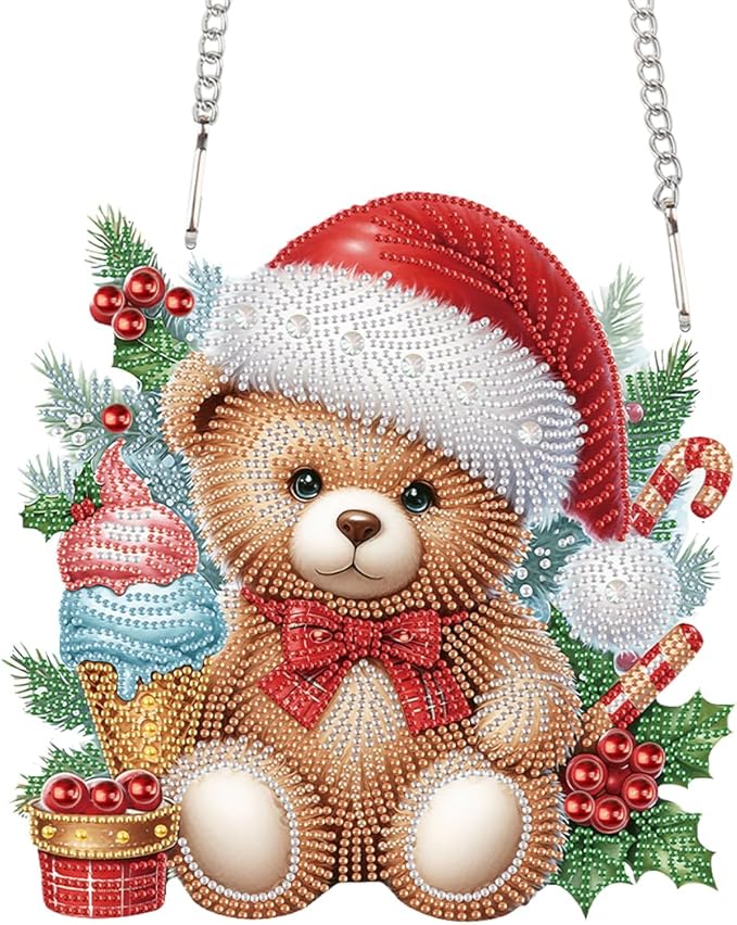 TDFERAN DIY 5D Diamond Painting Hanging Sign 22x24cm Wall Art Sign Diamond Art Wreath Window Hanging Ornament Pendants for Adults Jewel Painting Kits for Adults Home Garden Wall Door Christmas Bear