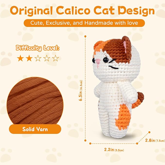 Crochet Kit for Beginners – Easy-to-See Stitches Yarn, Pre-Started Piece, and Step-by-Step Video Tutorials | Starter Crochet Set with Cute Animal Pattern – Original Handmade Calico Cat Pattern