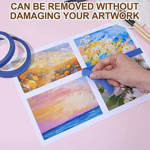 4 Rolls Artist Tape for Watercolor Paper, Making Tape, Blue Watercolor Tapes for Paper Border, Easy to Tear Without Damaging the Papers, Sketching, Oil Painting, 0.39in, 0.59in,