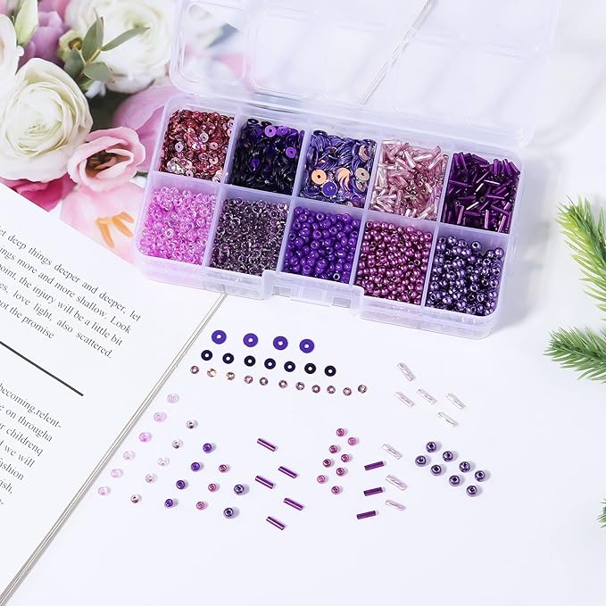 Assorted Beads for Jewelry Making, Glass Seed Bugle Tube Beads Loose Sequins Multiple Sizes for Crafts Sewing Jewelry Making