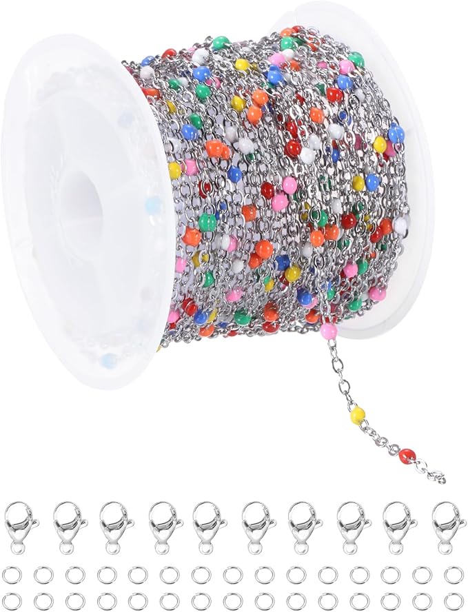 MECCANIXITY Stainless Steel Bead Chain, 16.4 Feet/5M Enamel Beaded Jewelry Link Cable Chains Spool Kit for Jewelry Making, Necklace, Bracelets, DIY Crafts (Silver/Colorful, Pack of 1)
