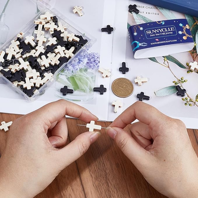 SUNNYCLUE 1 Box 100Pcs Cross Beads Bulk Black White Stone Cross Bead 16x12mm Synthetic Turquoise Gemstone Mini Small Pocket Crosses Easter Holiday Loose Spacer Beads for Jewelry Making Beading Kits