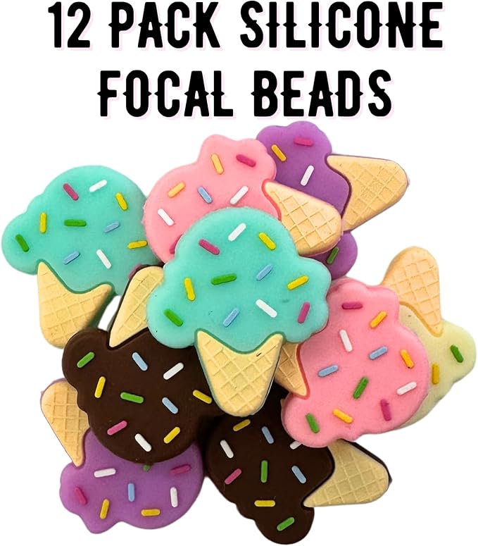 Lashicorn Ice Cream Cone Silicone Focal Bead Set | 12 Pc Mixed Pack Vanilla Chocolate Strawberry Bulk Wholesale Sprinkles Cute Sweet Treat Summer Keychain Making Kit Beaded Pen Freshie Hanger
