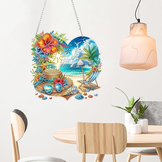ARPADAMO Hanging Diamonds Art kit for Adult,DIY Summer Beach Pendant Diamonds Painting Art Kit, 7.2x7 inch Acrylic Diamonds Painting Board Kit Ornament, Special Crystal Diamond Hanging Ornament