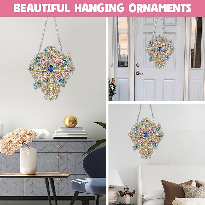 NAIMOER Diamond Art Hanging Kits for Adults, Religion Cross Diamond Art Suncatchers, 5D Special Shape Fall Diamonds Painting Pendant Window Ornament Gifts for Home Garden Door Wall Decor