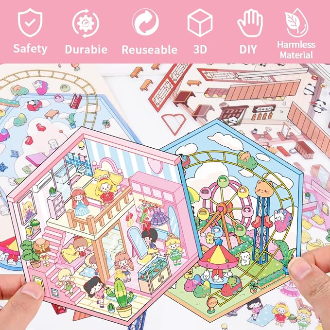 Scrapbooking Supplies Kit,DIY 3D Stickers Scene,3 Set Funny DIY Sticker Scenes,Make Your Own Cute 3D Miniature Room Scene Stickers for Adults Relief Stress Pass The Time.4-5-6