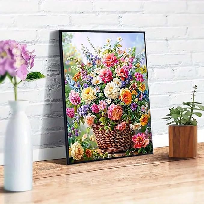GEMFAMILY Flowers Diamond Art Kits for Adults,Floral Basket Diamond Painting Kits for Beginners,DIY Full Round Drill Diamond Dots Gem Art Crafts Kits for Home Decor 12 x 16 inch