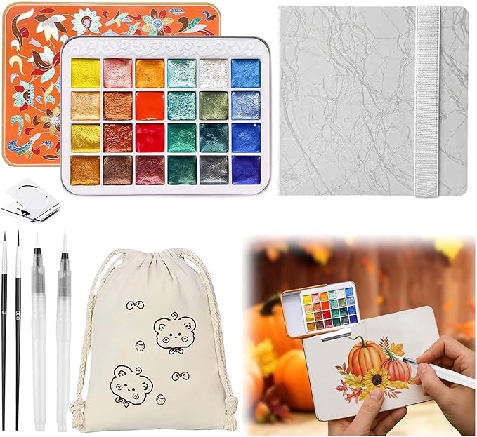 Mini Watercolor Paint Set - 24 Colors Glitter Travel Watercolor Set, Portable Metallic Water Color Paints Palette Box with Watercolor Book,Clips,Pens,Storage Bag for Painting Lovers and Artists