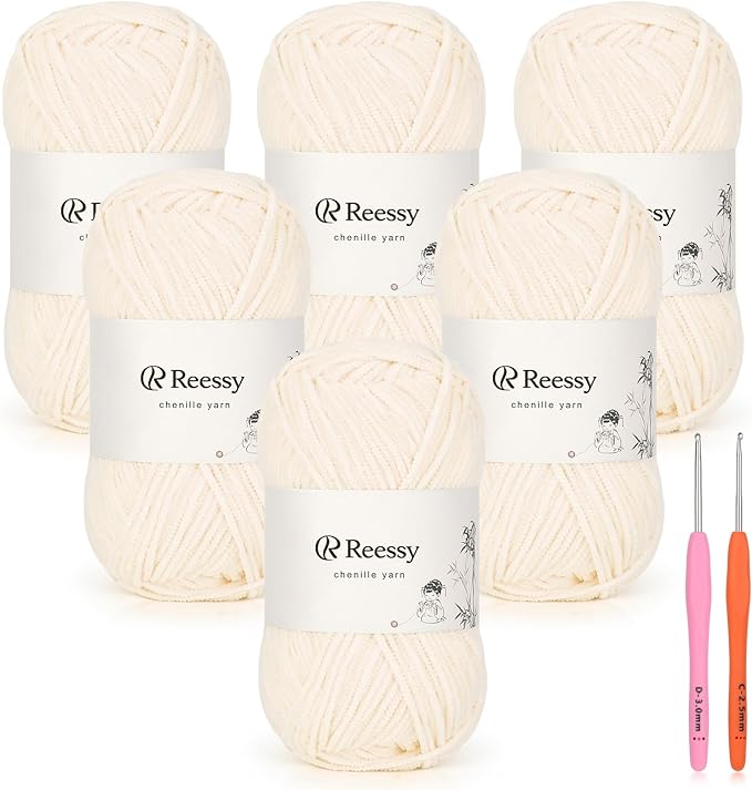Skinny Chenille Yarn for Crocheting - 6 Pack of 50g/158yd (948yd Total) - Soft Matte Thin Chenille CYC #2 - Fine Weight Baby Yarn for Plush Toys, Baby Blankets & Small Crafts(Light Beige)