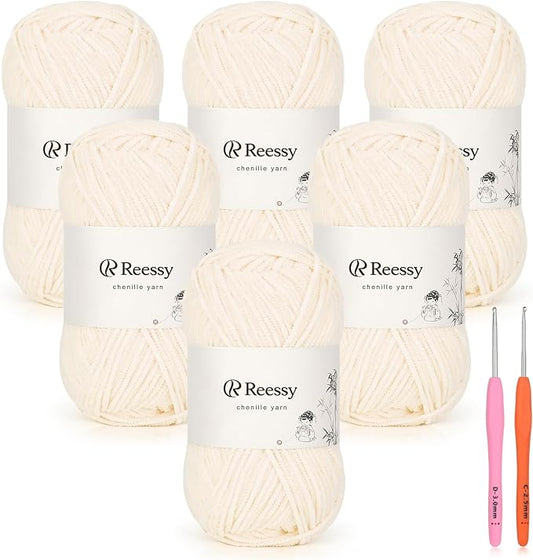Skinny Chenille Yarn for Crocheting - 6 Pack of 50g/158yd (948yd Total) - Soft Matte Thin Chenille CYC #2 - Fine Weight Baby Yarn for Plush Toys, Baby Blankets & Small Crafts(Light Beige)