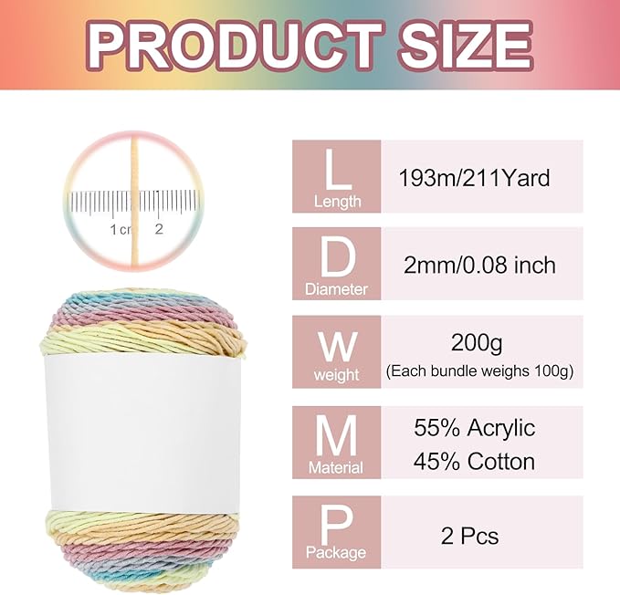 MECCANIXITY Cotton Acrylic Yarn for Crocheting, 422 Yard 5 Ply Soft Gradient Yarn Acrylic 45% Cotton 55% Used for DIY Knitting Blankets Scarves(2 Packx100g,Beige,Blue,Pink)