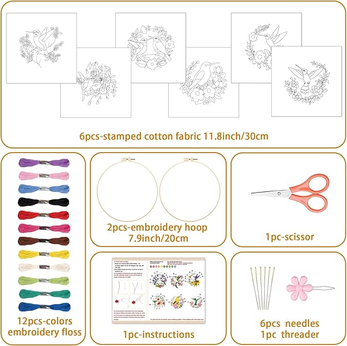 BEUNITONE Hummingbird Embroidery Kit for Adults, 6PC Floral Bird Cross Stitch Set with Colorful Threads, Nature Inspired DIY Artwork, Home Decor Gift for Her