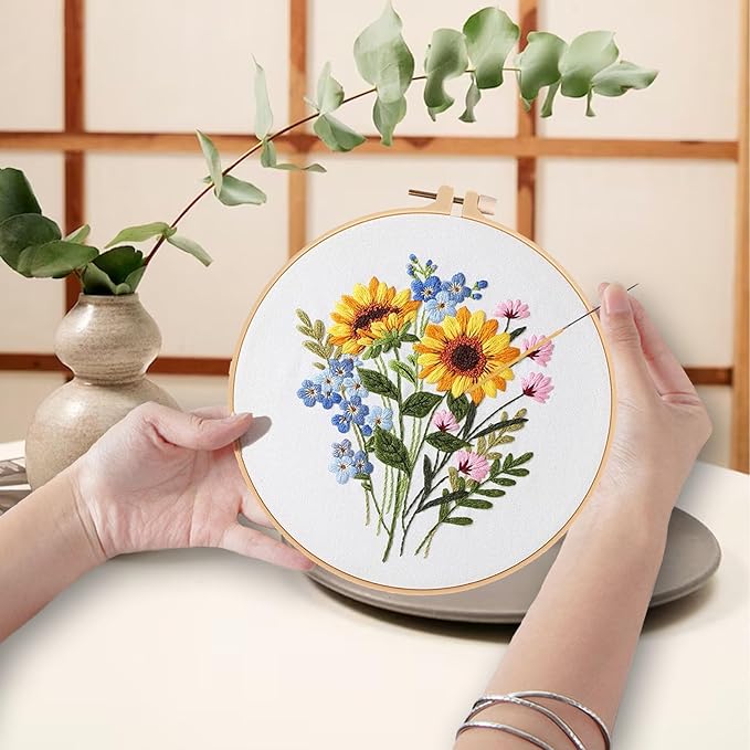 Ohcol 3 Sets Embroidery Kit for Beginners Cross Stitch Kits Needlepoint Kits Crafts for Adults with 3 Embroidery Hoops Easy-to-Follow Operating Instructions,Needle Point Kits with Flowers Patterns
