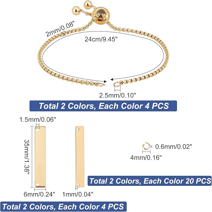 UNICRAFTALE 2 Colors 8Set Engravable Bracelets DIY Kit Including Rectangle Engravable Blank Tags Links Connectors 24cm 304 Stainless Steel Slider Bracelet 4mm Open Jump Rings for Bracelets Making