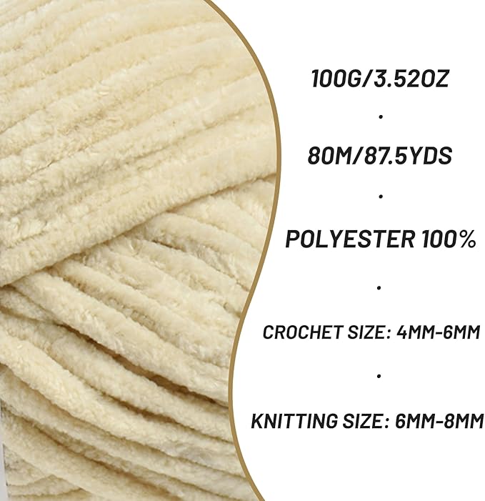 3 Pack Fluffy Chenille Yarn for Crocheting, Chunky Velvet Yarns for Crochet Amigurumi, Baby Yarn for Crocheting Soft Blanket, 262.4yds /10.5 oz Bulky Yarns for Crafts/Hats/Shoes/Socks (3 Beige)