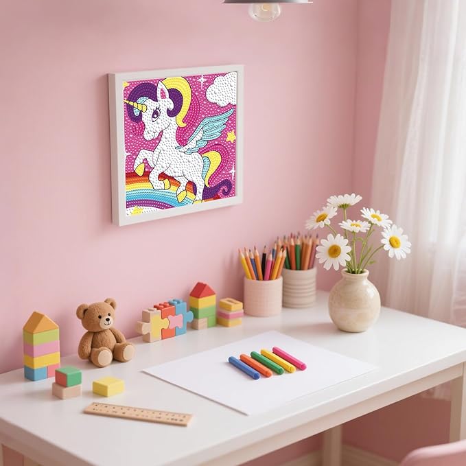 FlyingMage 5D Diamond Art Painting Kits with Wooden Frame, Cute DIY Diamond Art Mosaic Kits for Adults Women Teen, Kawaii Diamond Crafts Arts Full Drill Diamond Dots (Pink Unicorn)