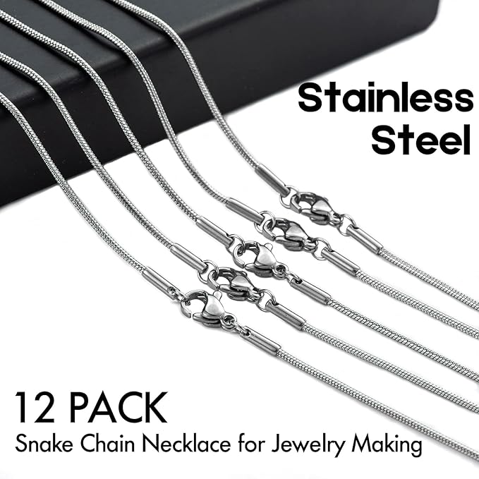 12 Pack Necklace Chains 18 Inches Stainless Steel Snake Chain Necklace with Lobster Clasps for DIY Jewelry Making, 1.2 mm