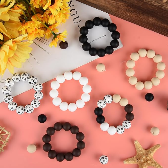 ASTARON 100 Pcs 15mm Silicone Beads for Keychain Making, Black Brown Beads Bulk Round Beads for Bracelets Crafts Beadable Pens Decorations Jewelry Making Supplies